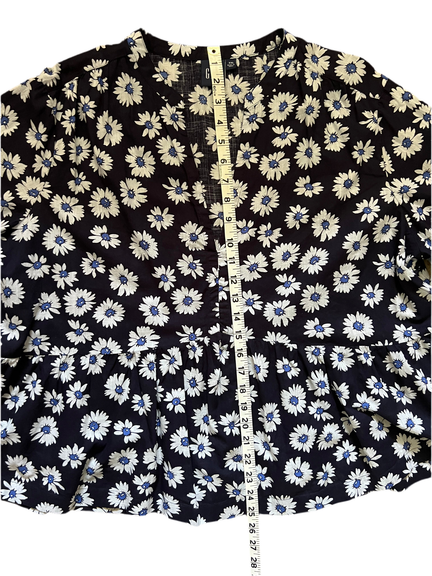 Floral blue 100% cotton peplum top, Size XXL